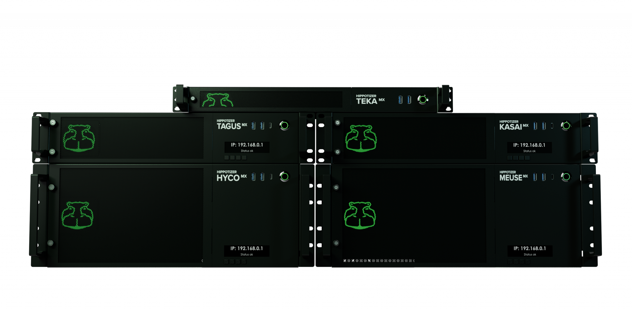 Green Hippo Hippotizer performance dashboard with live FPS and mix status