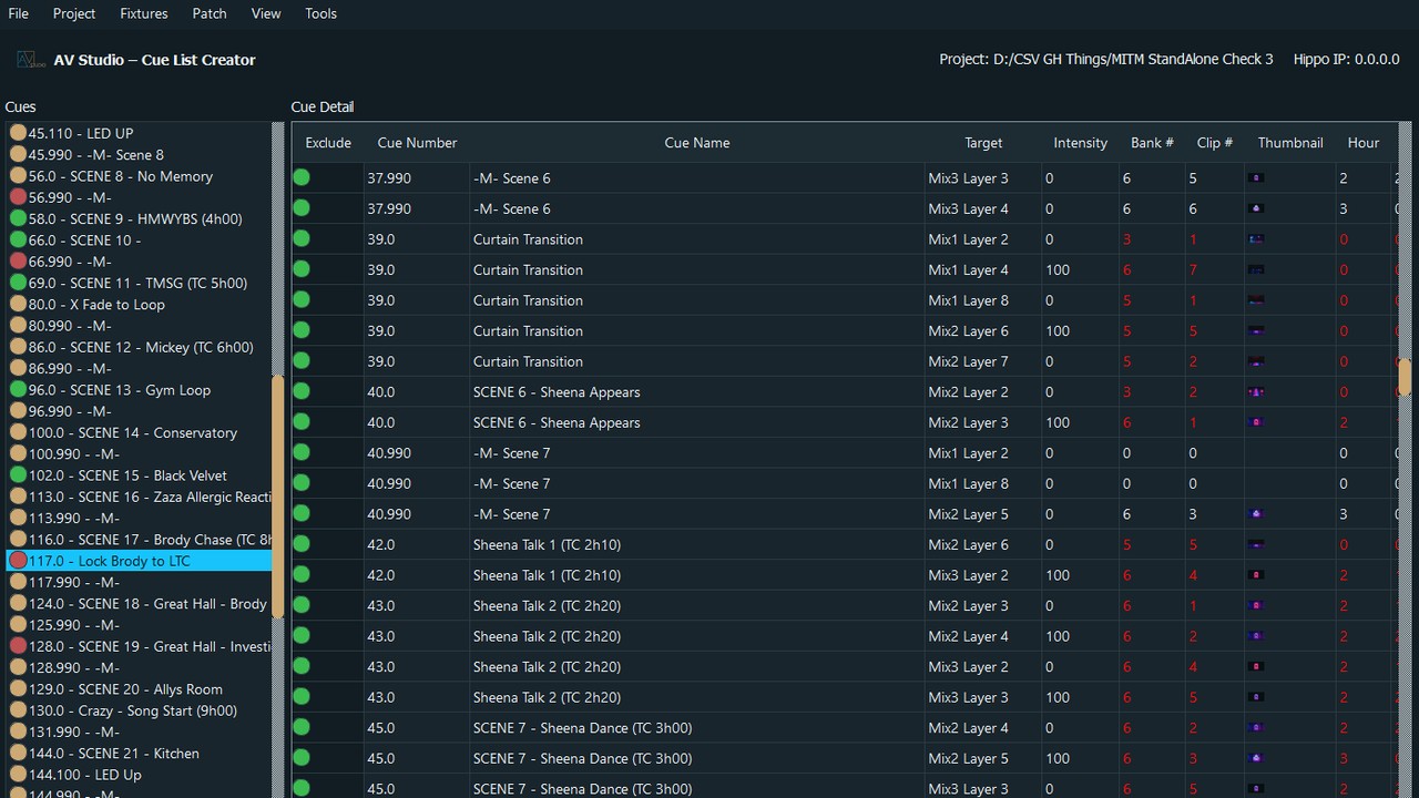 AV Studio Cue List Creator software interface for show control