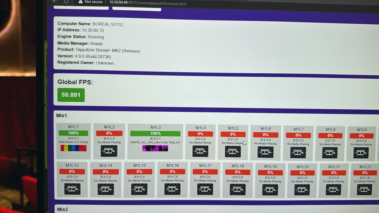 Media server performance dashboard with live FPS and mix status