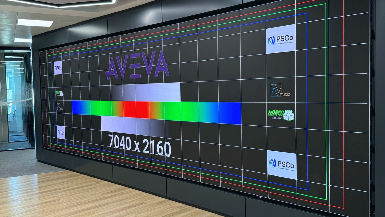 High-resolution LED video wall with test pattern and calibration graphics